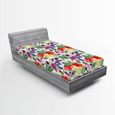 ABAKUHAUS Waterverf Hoeslaken, Calla Chinese Hibiscus, Zachte Decoratieve stof met Elastische Randen, 90 x 200 cm, Multicolor