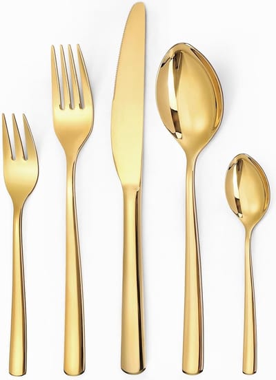 Bestekset voor 12 personen, gouden bestek, 60-delige roestvrijstalen bestekset, bestekset met mes, vork, lepel, spiegelpolijsten, hoogwaardig roestvrijstalen bestek, vaatwasmachinebestendig