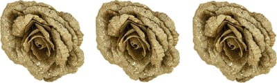 3x stuks decoratie bloemen roos goud glitter op clip 18 cm - Decoratiebloemen/kerstboomversiering/kerstversiering