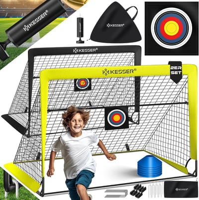 KESSER® Voetbaldoel voor kinderen, pop-up set van 2, opvouwbaar, met glasvezelstangen en hoogwaardige doelnetten voor binnen, buiten en tuin, met transporttas, 6 x hoedjes, balpomp, schietschijf