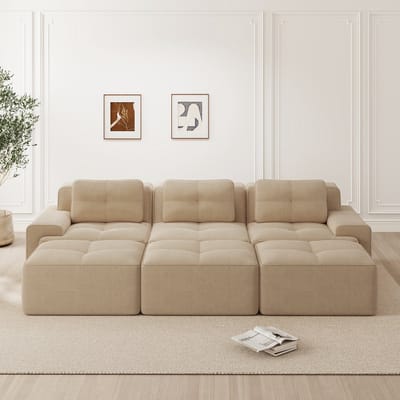 MODFU Modulaire Bank - Diepe Zit En Slaapfunctie - Minimalistisch - Voor Woonkamer - Ribstof - Beige