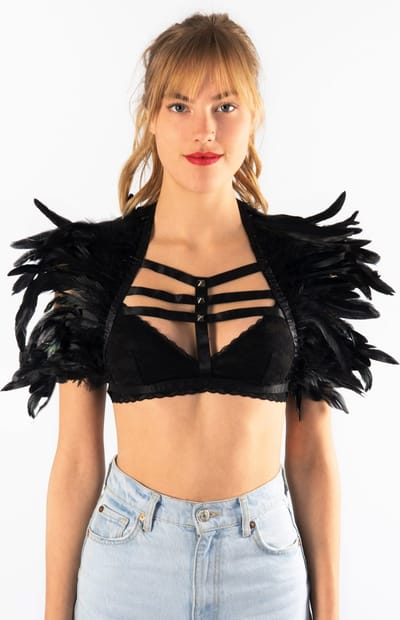 KIMU® Top met Veren Zwart Studs - Maat XS S M - Verentop Steampunk Topje Veertjes - Hippy Rave Pakje BDSM Harnas Burlesque Sexy Pakje Dames Carnaval Festival