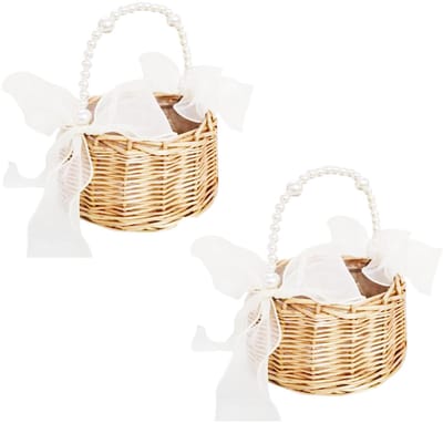 Mand, bloemenmand met handvat en strik, bruiloft, bloemenmand, wilgenmand voor bruiloft (D)