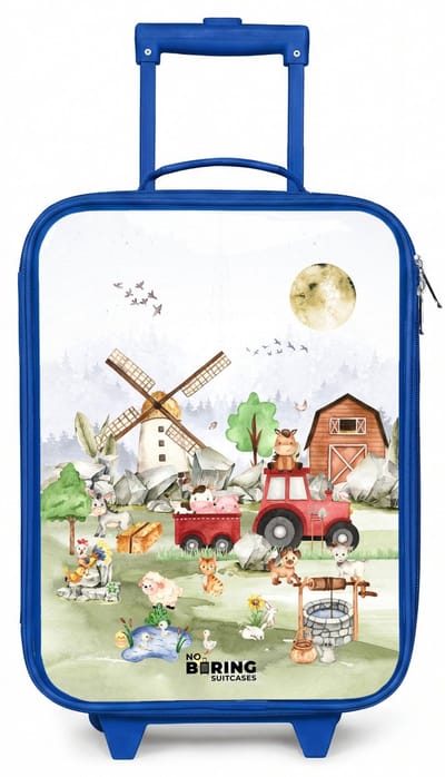 NoBoringSuitcases.com® - Kinderkoffer blauw - Kindertrolley jongen - dieren op een boederij - Koffer kind lichtgewicht - Reiskoffer trolley voor kinderen - Koffertje met lichtgevende wieltjes - Rolkoffer