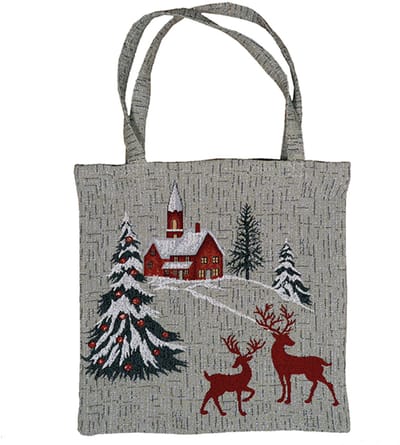 Boodschappentas - Gobelinstof - Kerst - Grijze ondergrond met Kerkje- Kersbomen en herten - 45 x 45 cm