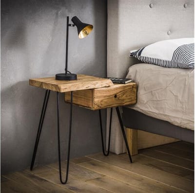 Nachtkastje Timber Links Massief Acaciahout met Boomstamrand en Zwart Metalen Poten - Naturel - 60x32x59 cm