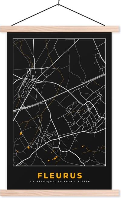Posterhanger incl. Poster 40x60 cm - Schoolplaat - Fleurus - Stadskaart - Gold - Plattegrond - Kaart - Textielposter - Blanke latten - Stadskaart