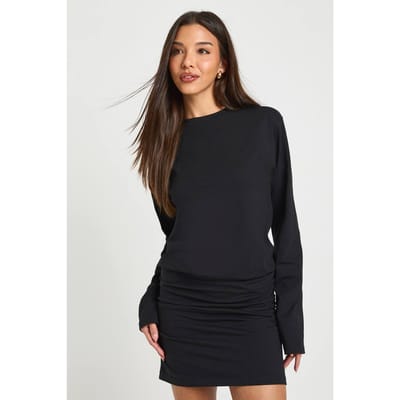 boohoo Dames Gerimpelde Lange Mouw T-shirt Mini Jurk | Black | Maat: 8