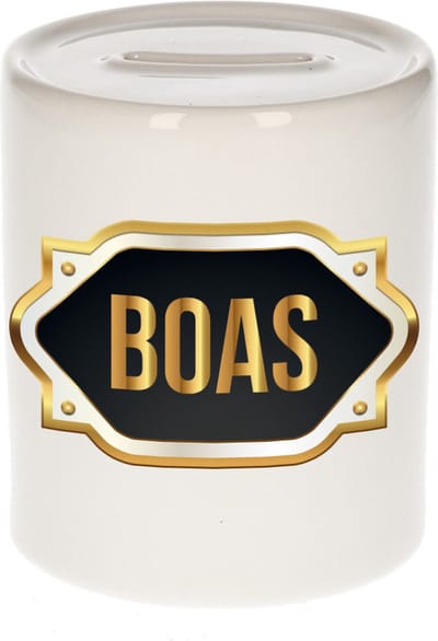 Spaarpot met voornaam Boas - wit - met goud/zwart embleem - 8 x 9 cm - keramiek - met afsluitdop - cadeau verjaardag