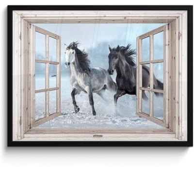 Poster in lijst - Fotolijst 70x50 cm - Posters - Doorkijk - Paarden - Winter - Dieren - Natuur - Wit - Posterlijst zwart - Decoratie - Wanddecoratie woonkamer - Muurdecoratie slaapkamer