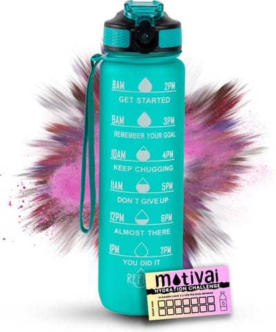 Motivai Motivatie Waterfles - Turquoise - Inclusief Extra Afsluitklepje - 1 Liter - Motiverende Drinkfles met Rietje - BPA Vrij - Met Motivai Hydration Challenge