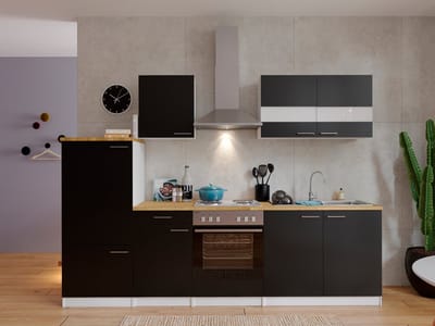 Goedkope keuken 270 cm - complete keuken met apparatuur Malia - Wit/Zwart - soft close - elektrische kookplaat - afzuigkap - oven - spoelbak