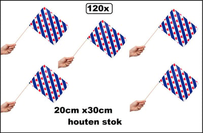 120x Luxe Zwaaivlaggetjes op houten stok Friesland 20cm x 30cm - Luxe zwaai vlaggetjes thema feest festival uitdeel
