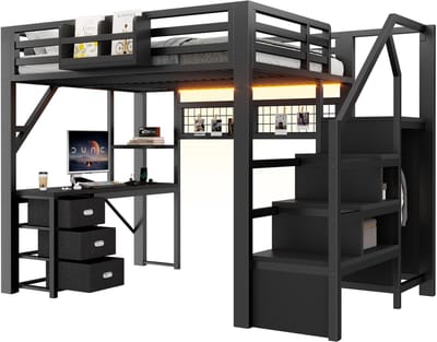 Metalen hoogslaper 140x200 cm - hoogslaper met bureau - 3 lades, kledingkast en ledverlichting - zwart - voor slaapkamer en werkplek