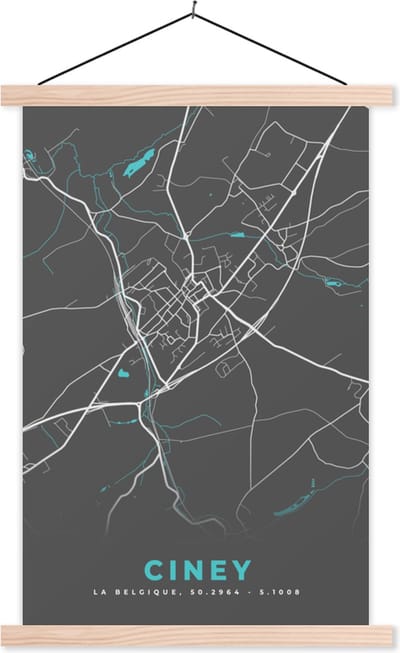 Posterhanger incl. Poster 40x60 cm - Schoolplaat - Stadskaart – Grijs - Kaart – Ciney – België – Plattegrond - Textielposter - Blanke latten - Stadskaart