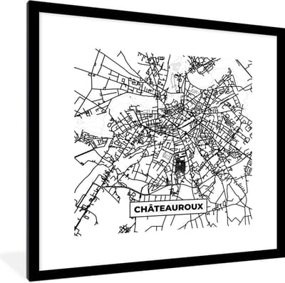 Fotolijst incl. Poster Zwart Wit- Kaart – Plattegrond – Châteauroux - Frankrijk – Stadskaart - Zwart wit - 40x40 cm - Posterlijst