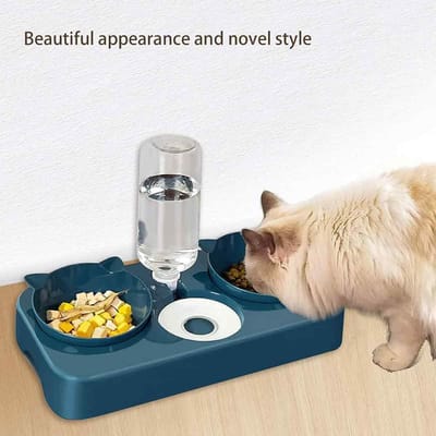 longziming -3-in-1 Automatische Kattenvoer- en Waterdispenser – Neigbare Kattenbak, Afneembaar en Geschikt voor Kleine en Middelgrote Honden en Katten (Blauw)