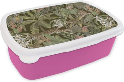 Broodtrommel Roze - Lunchbox - Brooddoos - Jungle - Dieren - Vintage - Patroon - 18x12x6 cm - Kinderen - Meisje