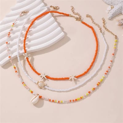 Sorprese Ketting Dames - Mare - Sunset Coral - 3-Laags Kralenketting - Oranje/Wit/Goudkleurig - Schelp & Schildpad Hanger - Zomers & Trendy - Model V