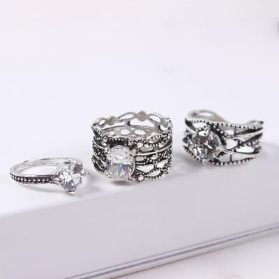 Decoratie Europese en Amerikaanse Trendy Ringenset, Retro Holle Diamanten Ringenset van 3 Delen gray