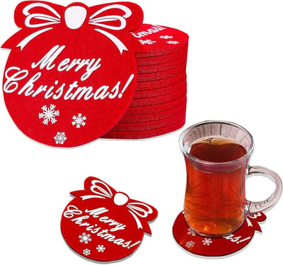 12 stuks vilten onderzetters, vilten onderzetters in rood, onderzetters voor drankjes, bar, kopjes, glas - onderzetters voor tafel en decoratie - Kerstmis (rood)