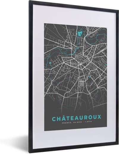 Fotolijst incl. Poster - Châteauroux - Plattegrond - Stadskaart - Frankrijk - Kaart - 40x60 cm - Posterlijst