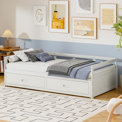 Uitschuifbare slaapbank 90/180x200 cm - met lade en lattenbodem - met opbergruimte - wit - zonder matras