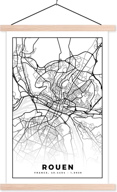 Posterhanger incl. Poster 40x60 cm - Schoolplaat - Frankrijk - Rouen - Kaart - Plattegrond - Stadskaart - Zwart wit - Textielposter - Blanke latten - Stadskaart