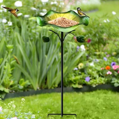 Vogelbad - Terras Vogelbad - Vogelbadjes - Metalen Vogelbad - Geel-Groen Lotusblad - Afneembare Staander - Drink/Bad/Bijenbad - Voor Terras/Tuin - Met 3-Puntige Vork - Voor Tuinvogels - Zwart + Geel-Groen - 86cm (Schaal 18,5cm) - 1 Stuk