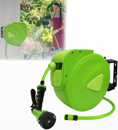 20m Groen Wandslangenbox Automatische Slanghaspel 180° Draaibare Tuinslanghaspel 3/4" Aansluiting Zwenkbare Slanghaspel met Slangstop, Snelkoppeling & Meerdere Sproeistanden voor Tuin Camping Garage Irrigatie, NAIZY