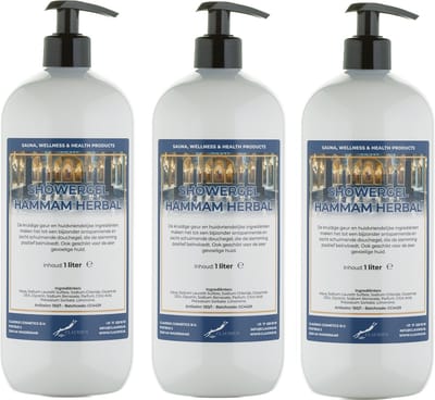 Douchegel Hammam Herbal 1 liter - set van 3 stuks - met gratis pomp - showergel