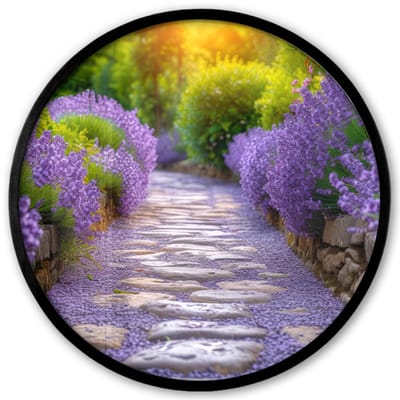 Poster in lijst Rond - Fotolijst 40x40 cm - Posters - Bloemen - Pad - lavendel - Tuin - Ronde posterlijst zwart - Decoratie - Wanddecoratie woonkamer - Muurdecoratie slaapkamer