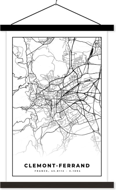 Posterhanger incl. Poster 40x60 cm - Schoolplaat - Clermont-Ferrand - Frankrijk - Kaart - Plattegrond - Stadskaart - Zwart wit - Textielposter - Zwarte latten - Stadskaart