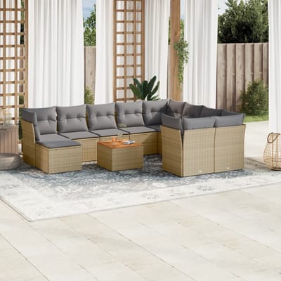 vidaXL - 11-delige - Loungeset - met - kussens - poly - rattan - gemengd - beige