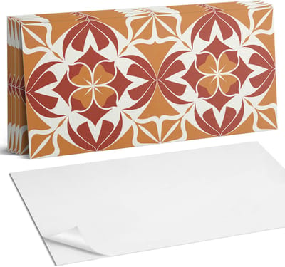 Coloray Plaktegels - Symmetrisch plantenpatroon Wandtegel Zelfklevend - 60 cm x 30 cm - Oranje Plaktegels - 6 stuks - Rechthoek PVC Tegels - Plaktegels Keuken - Zelfklevende Vloertegels Badkamer - Vinyl Tegels - Zelfklevende Wandtegels