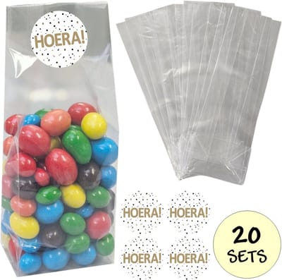 20x Uitdeelzakjes Met Sluitstickers - 20 Stickers & 20 Zakjes - Blokbodemzakjes - Cellofaanzakjes - Traktatie Blokbodem Zakjes - 80 x 50 x 250mm - 20 Sets - Hoera