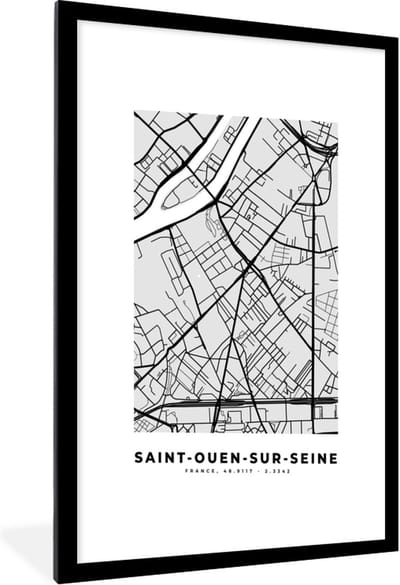 Fotolijst incl. Poster - Kaart – Stadskaart – Frankrijk - Saint-Ouen-sur-Seine - Plattegrond - 60x90 cm - Posterlijst
