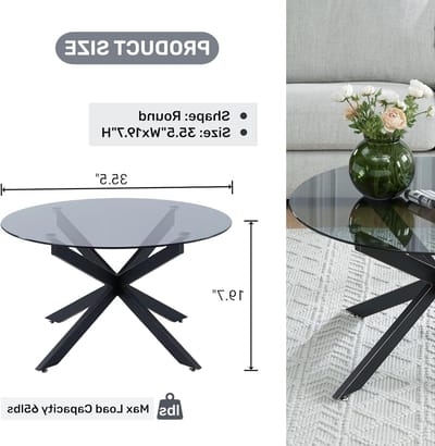 Ronde glazen salontafels voor woonkamer, thuiskantoor, moderne en eenvoudige middentafel met helder gehard glazen blad, 90,2 cm Bx19,7 H zwart