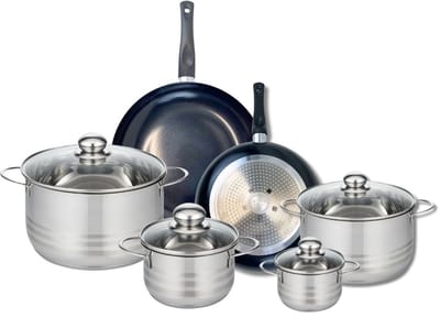 Set van 2 Koekenpannen 24 en 28 cm en 4 kookpotten 12, 16, 20 en 24 cm Elo Prima Glanzend