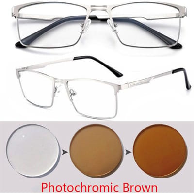 0 -0.5 -0.75 tot -6.0 Metalen volledig montuur, fotochromatische vierkante zonnebril op sterkte met cilindervormige glazen Myopia -0.5 white