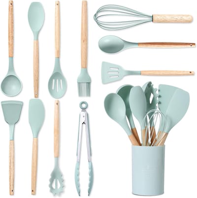 Famanu 12-Delige Set Keukengerei Set Van Siliconen, Hittebestendig, Antikleef, Met Houten Handvat, Geschikt Voor Alle Pannen En Potten, Keukenaccessoires (Lichtgroen)