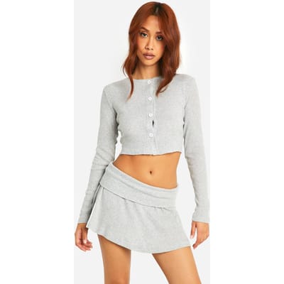 boohoo Dames Geborstelde ribcardigan en minirok set | Houtskool | Maat: 42