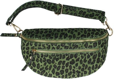 Donker Groene Leren Heuptas Leopard - Leren Heuptassen - Crossbodytassen - Leopard - Panter print - Extra voorvak - Donker Groen