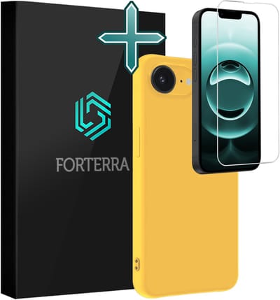 Hoesje Met Screenprotector - Geschikt voor Apple iPhone 16e - Sterk & Shockproof - Telefoon Hoes - Back Cover - Siliconen Case - Geel