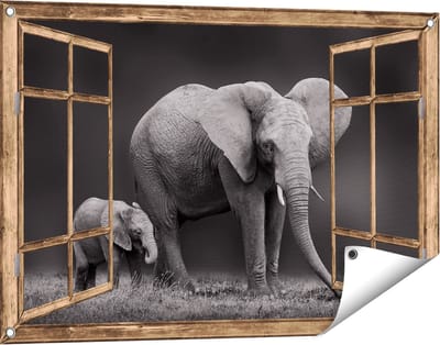 Gards Tuinposter Doorkijk Olifant Moeder en Zoon - Zwart Wit - 90x60 cm - Tuindoek - Tuindecoratie - Wanddecoratie buiten - Tuinschilderij