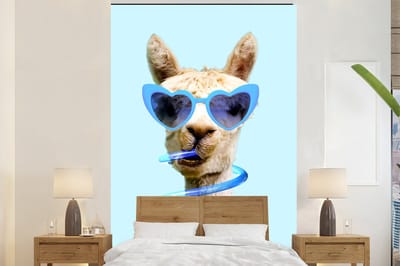 Dieren behang - Fotobehang - Lama - Zonnebril - Blauw - Dier - 200x300 cm - Fotobehang dieren - Foto behang