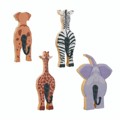 TOJ Kinder Kapstokhaken Dieren (Set van 4) – Muurhaak / Ophanghaak - Safari Wandhaken voor Kinderkamer – 5 kg per haak – Mat Zwart – Incl. Schroeven