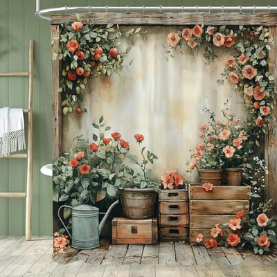 Serene Tuin Douchegordijn - Met Haken, Levendige Natuurlijke Rustieke Tuin en Bloemen Badkamergordijnen Huisdecoratie Gordijn 90x180cm-35x70in