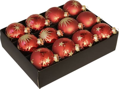Othmar Decorations Kerstballen - 12x - rood met goud - 7,5 cm - glas - luxe gedecoreerde glazen kerstballen