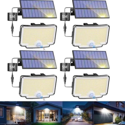 Zonnelamp met Bewegingsmelder voor Buiten - 318 LEDs - Waterdicht - 3 Modi - 5m Kabel - Tuin- en Muurverlichting - Set van 4